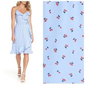 J.Crew Cherry Print Blue Sleeveless Ruffle Faux Wrap Dress